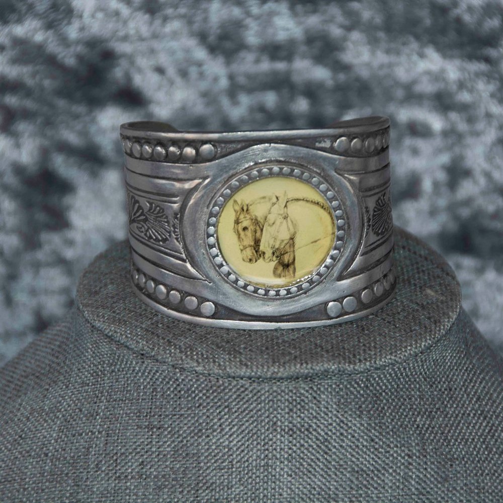 Hand Crafted Pewter Cuff Bracelet - Scribed Horse Heads Focal